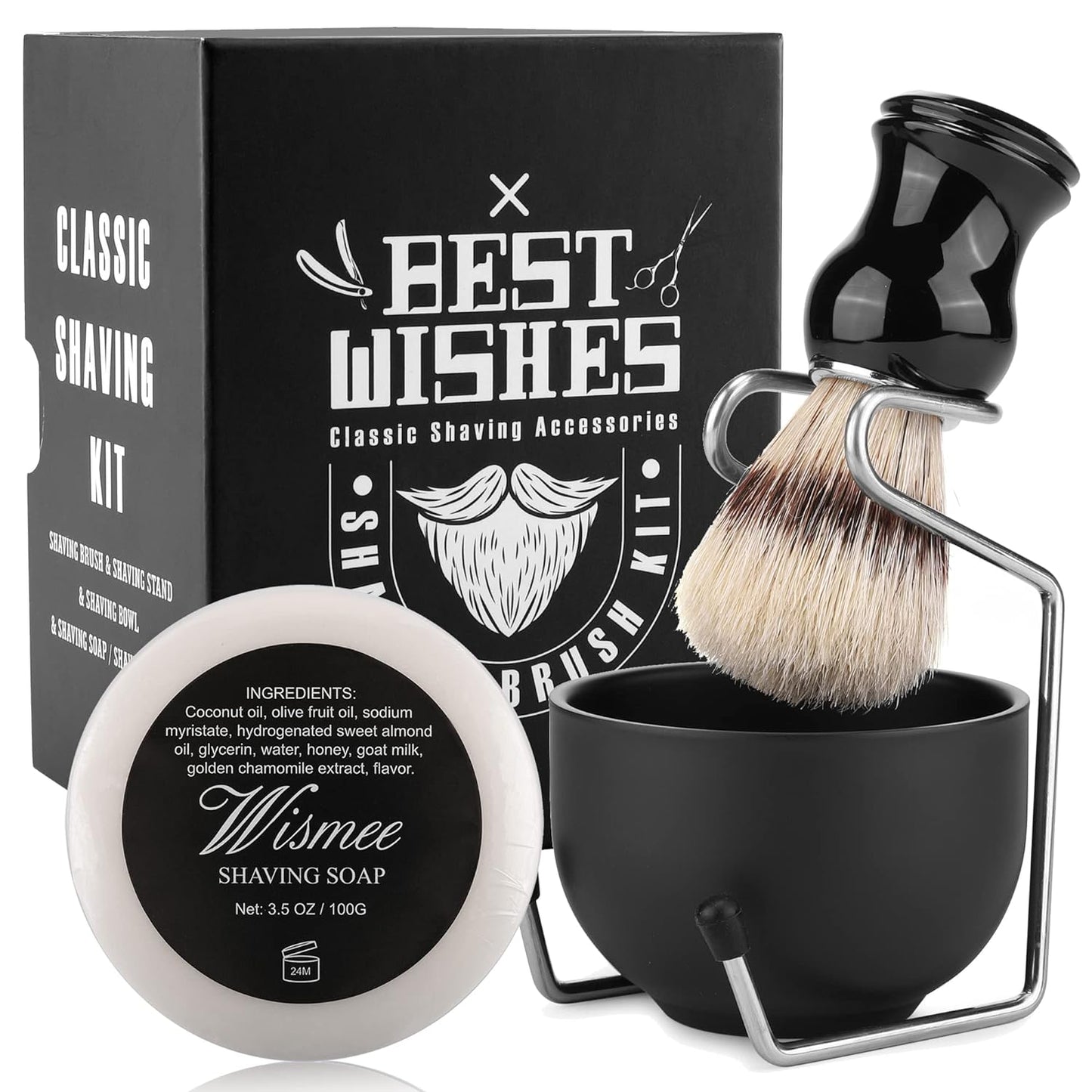Men's Shaving Brush Set Boar Bristle Hair Shaving Brush, Stainless Steel Shaving Bowl & Stand, 3.5Oz Shaving Soap Wet Shaving Cleaning Tool Birthday Father Day Gifts for Him Men