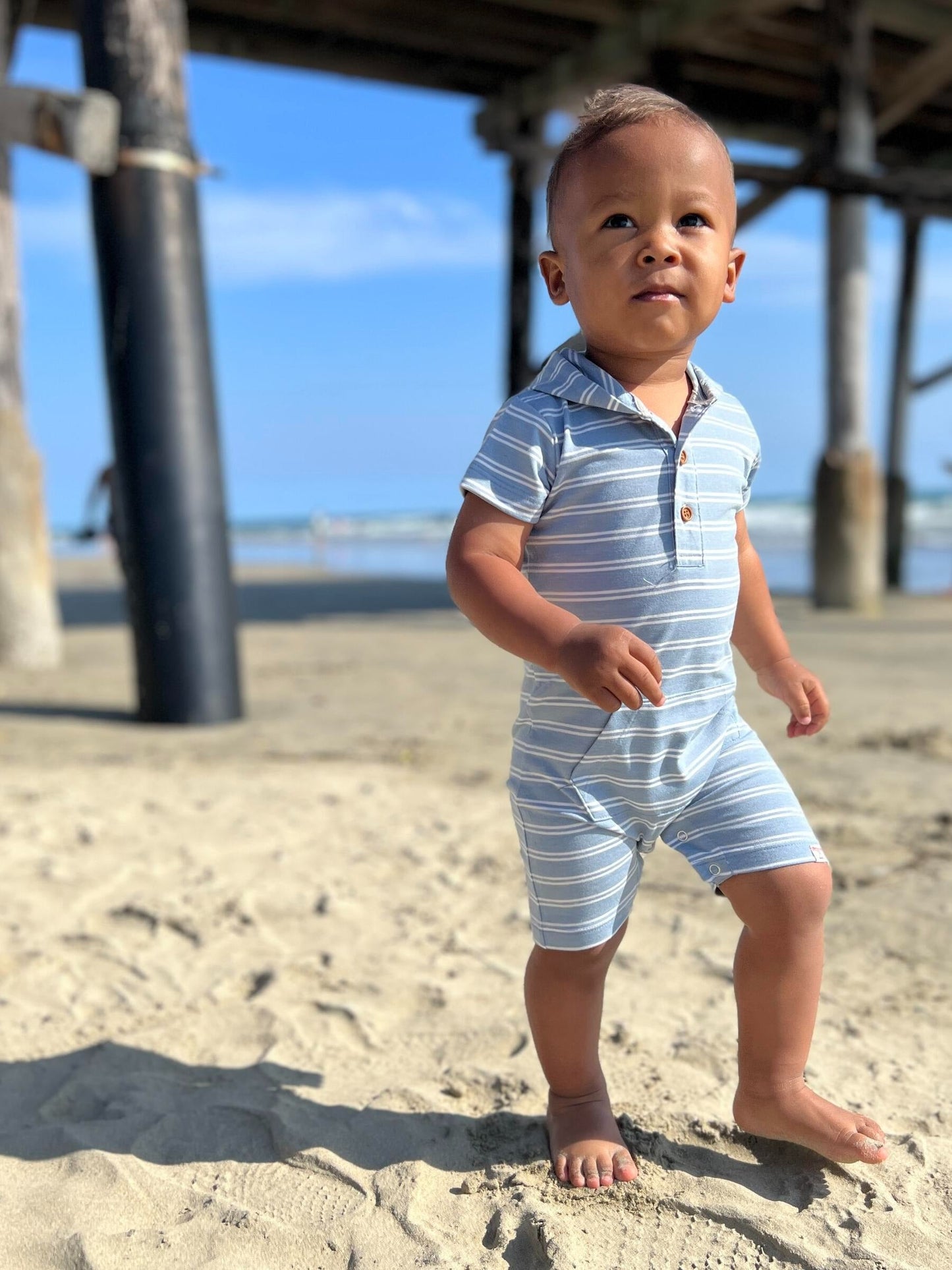 Me & Henry Charlie Blue Stripe Hooded Romper