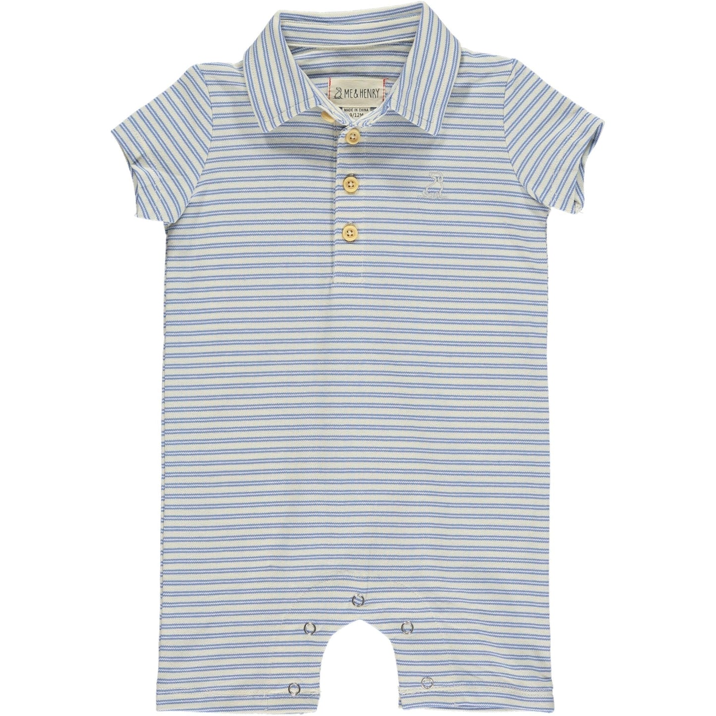 Me & Henry Drift Blue/Cream Stripe Pique Polo Romper