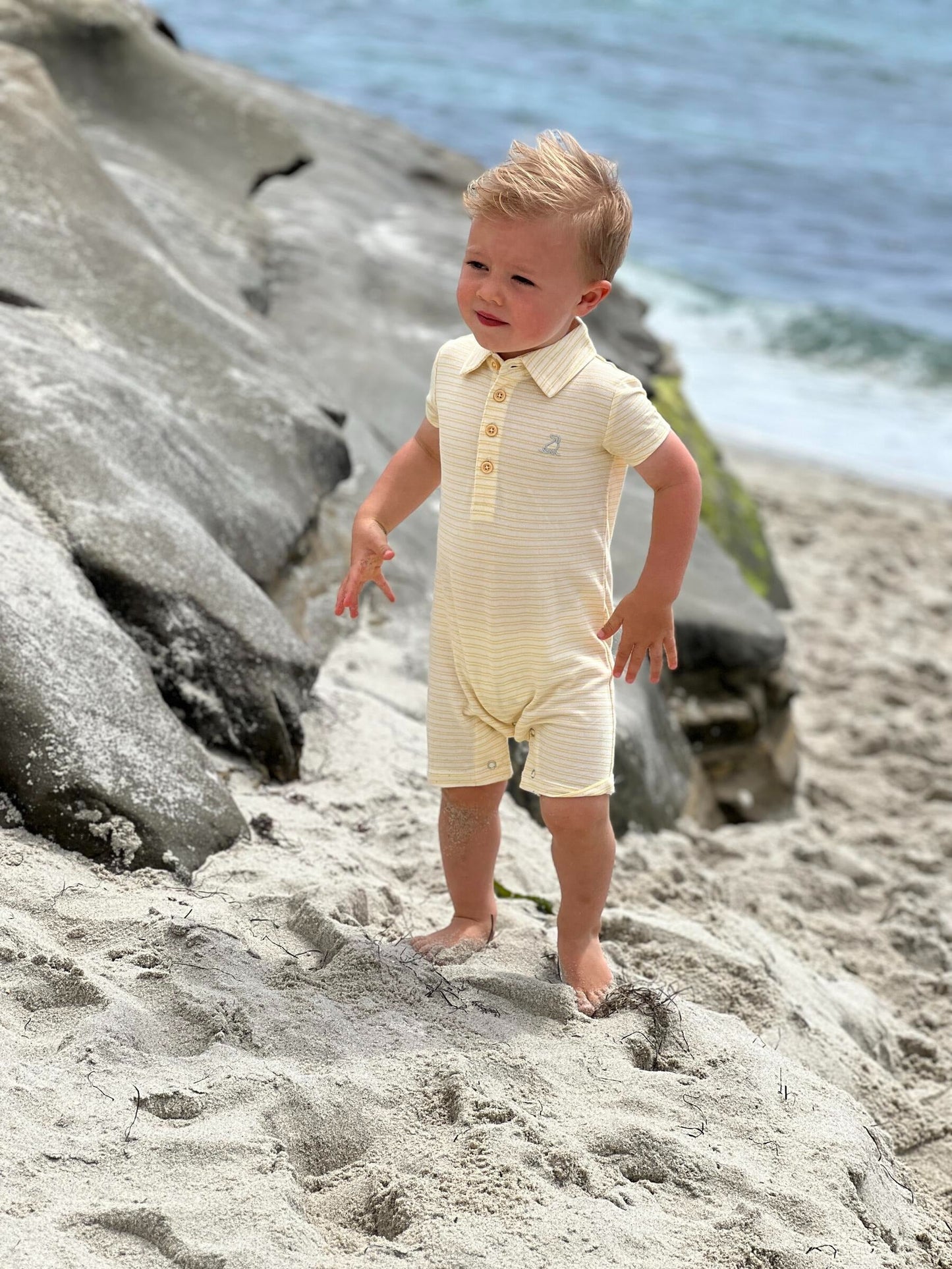 Me & Henry Drift Yellow/Cream Stripe Pique Polo Romper