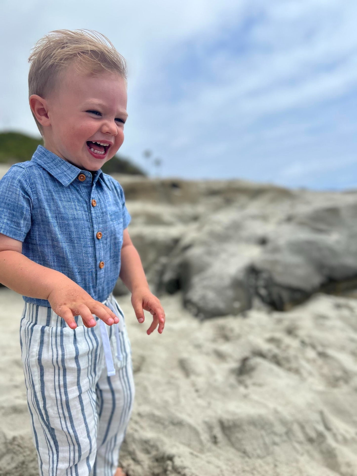 Me & Henry Helford Blue Heathered Woven Onesie