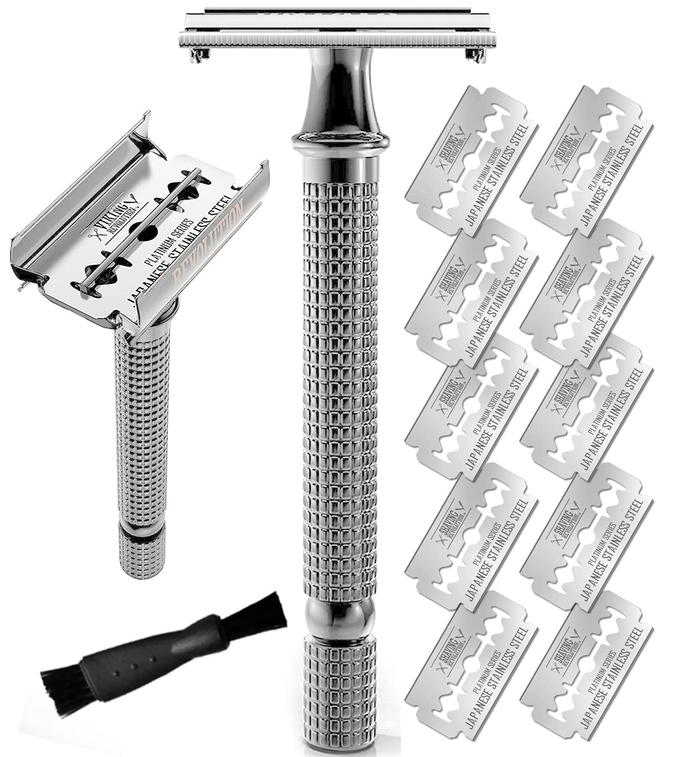 Long Handle Double Edge Safety Razor w/ 10 Blades (Chrome)