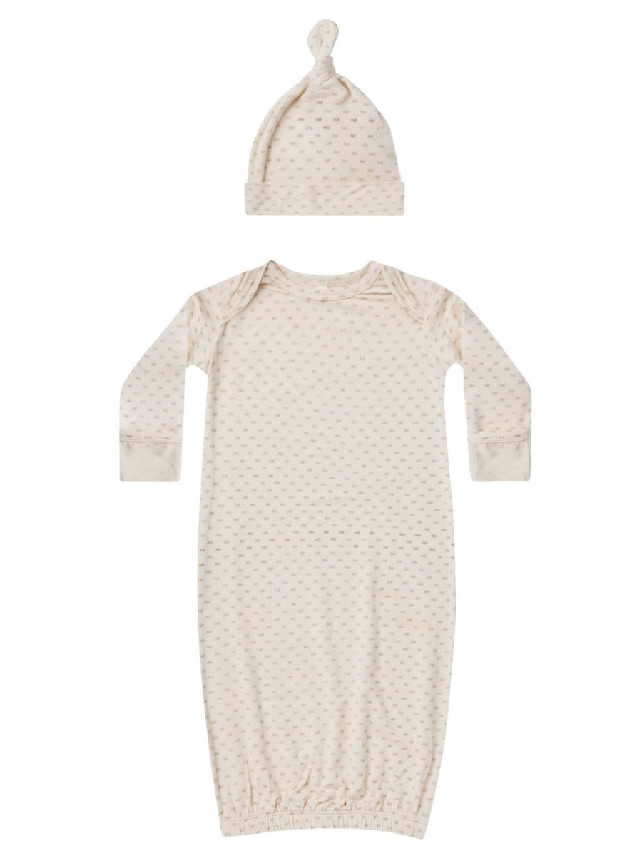 BABY GOWN + KNOTTED HAT SET, OAT CHECK