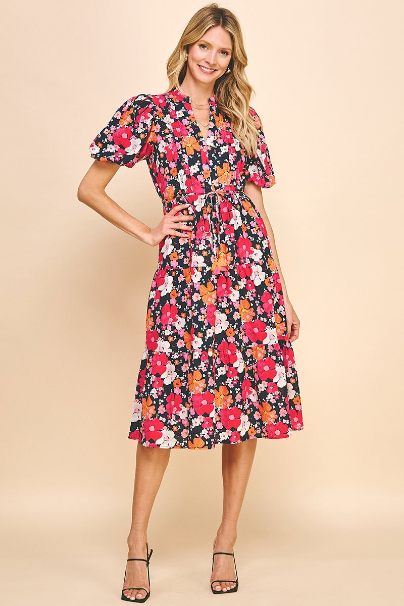 Floral Print Tiered Midi Dress