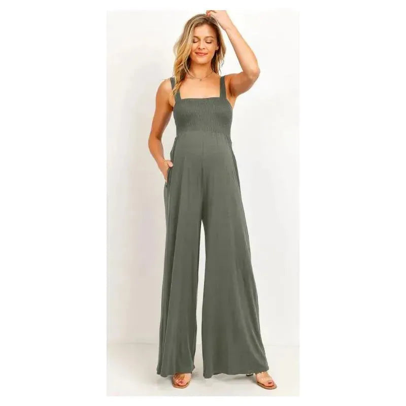 Hello Miz - Square Neck Smocked Maternity Flared Jumpsuit, Olive