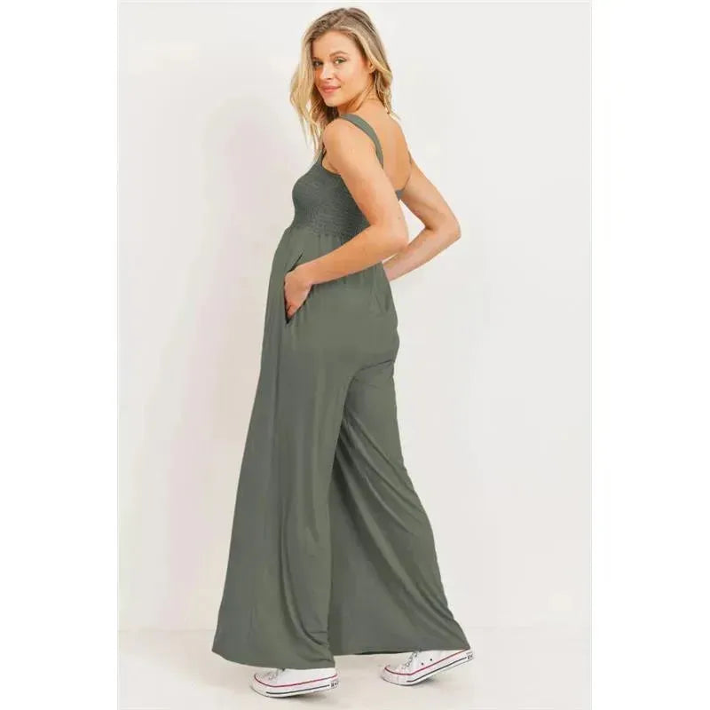 Hello Miz - Square Neck Smocked Maternity Flared Jumpsuit, Olive