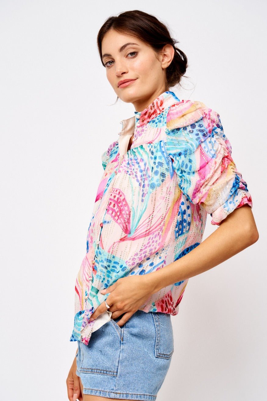 Maggie Floral Printed Ruched Sleeve Shirt