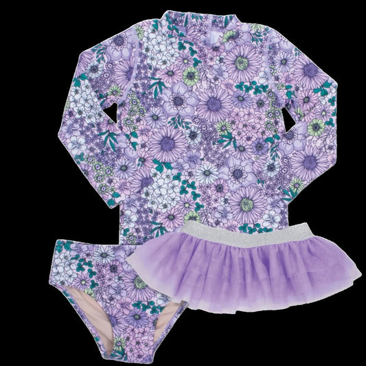Mod Purple Floral W/ TuTu Girls Two Piece Rashguard Set