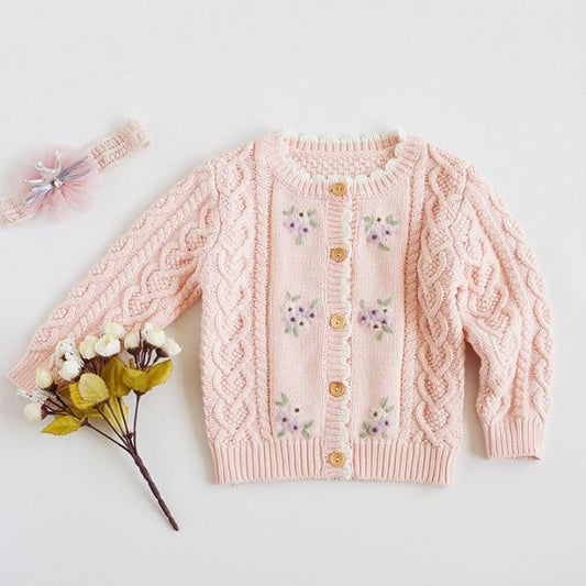 Pink / 5T-120 Floral Embroidered Crochet Sweater