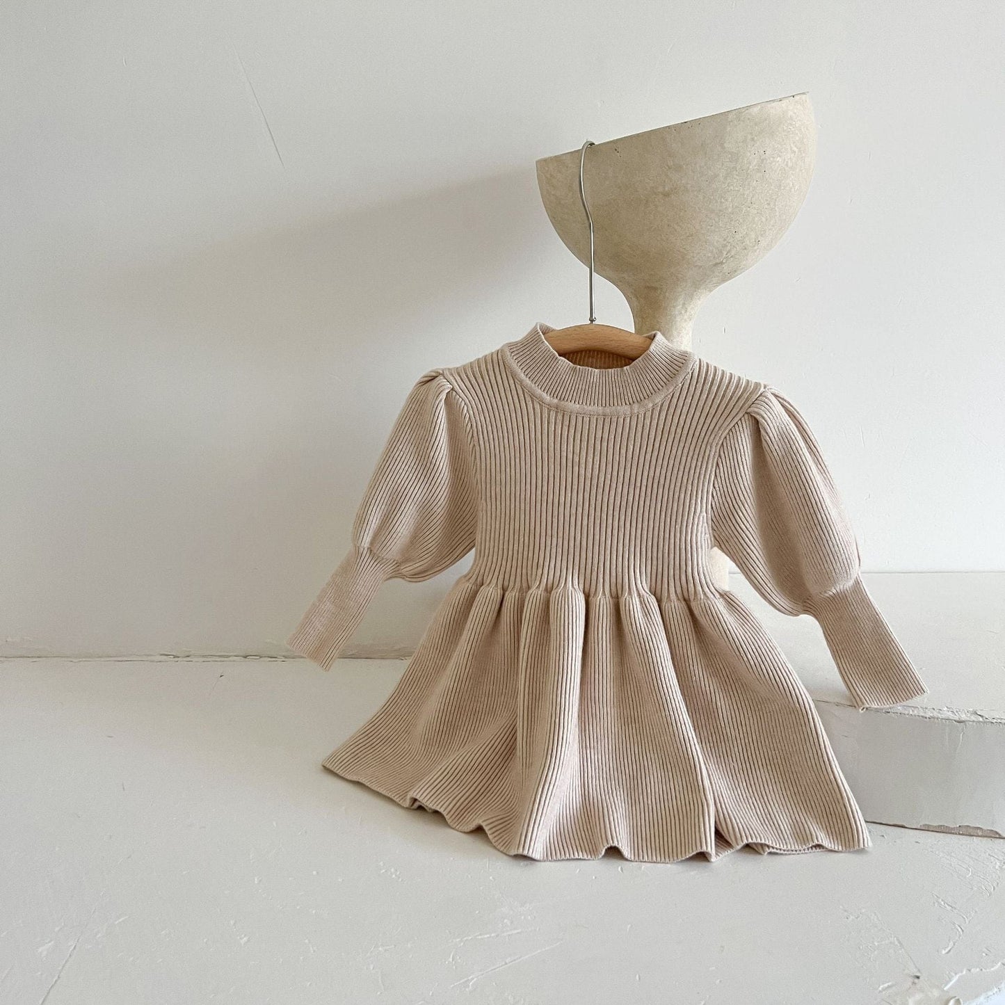 beige / 6-12M Long Sleeve Princess Girls Sweater Dress
