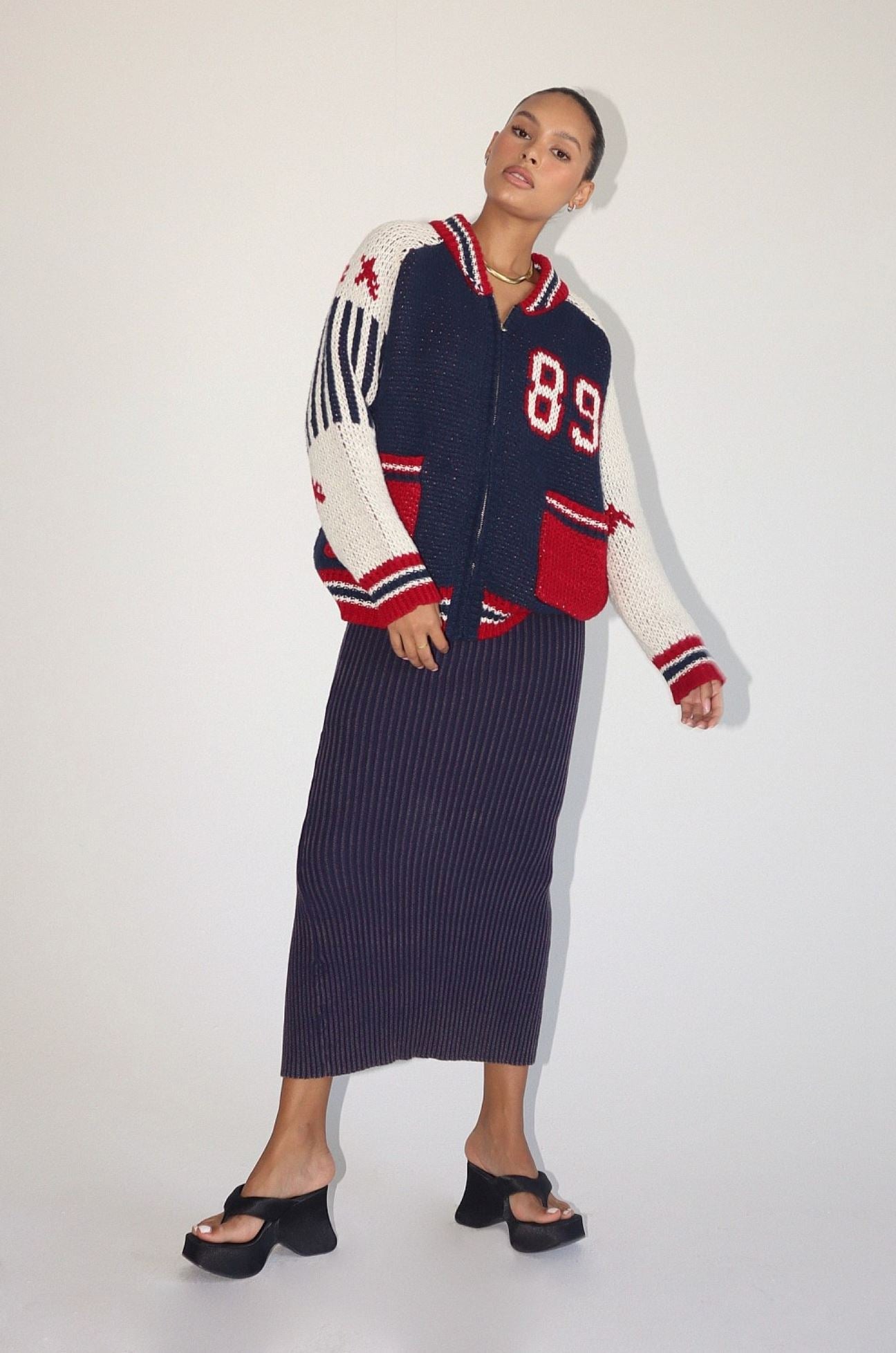 Navy Garment Ribbed Midi Skirt