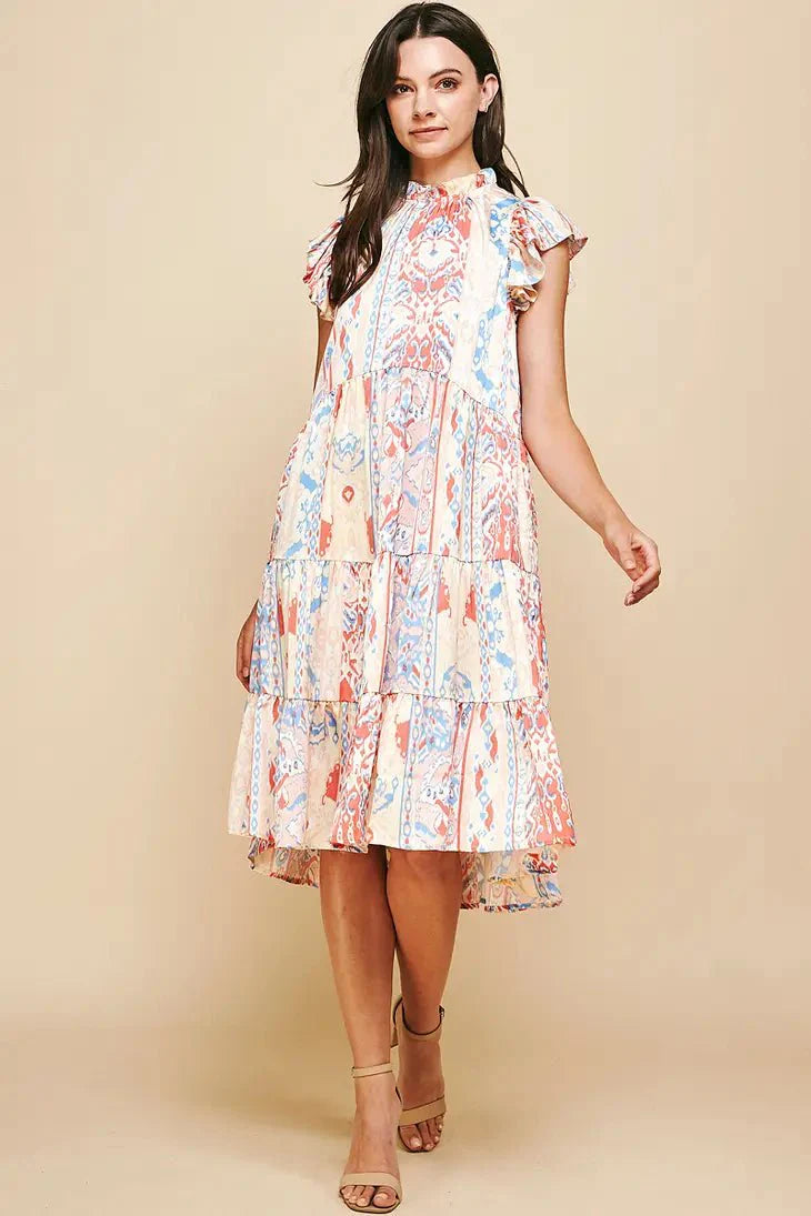 Tiered Midi Dress Red Multi