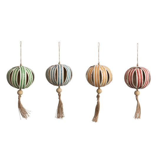 Paper Ball Ornament w/ Wood Bead & Tassel- Set of 4